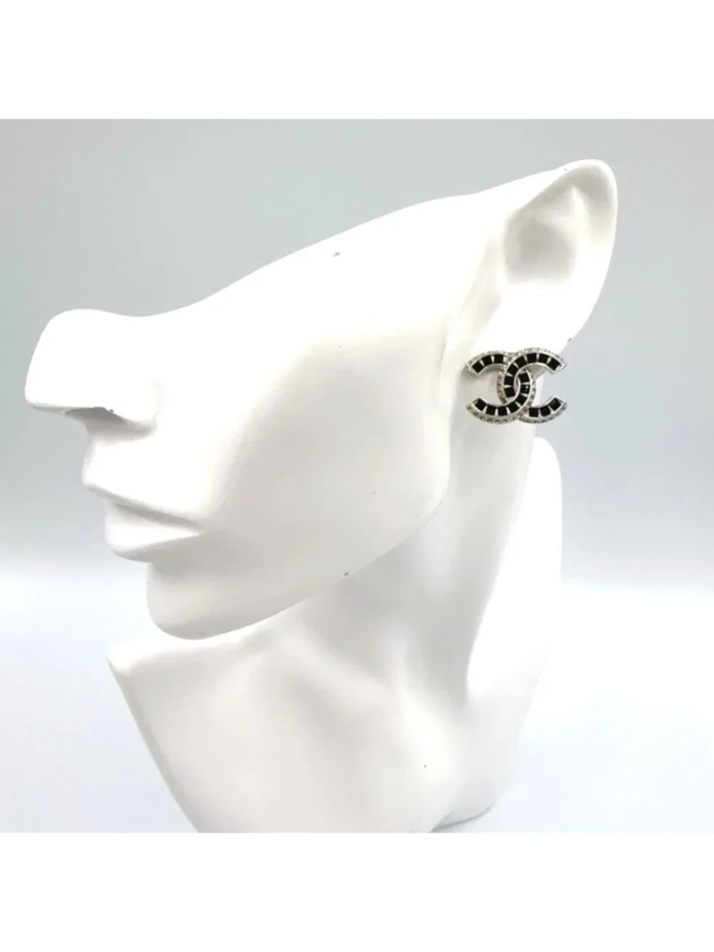 Chanel CC Logo Metal Rhinestone Color Stone Silver Black Earrings